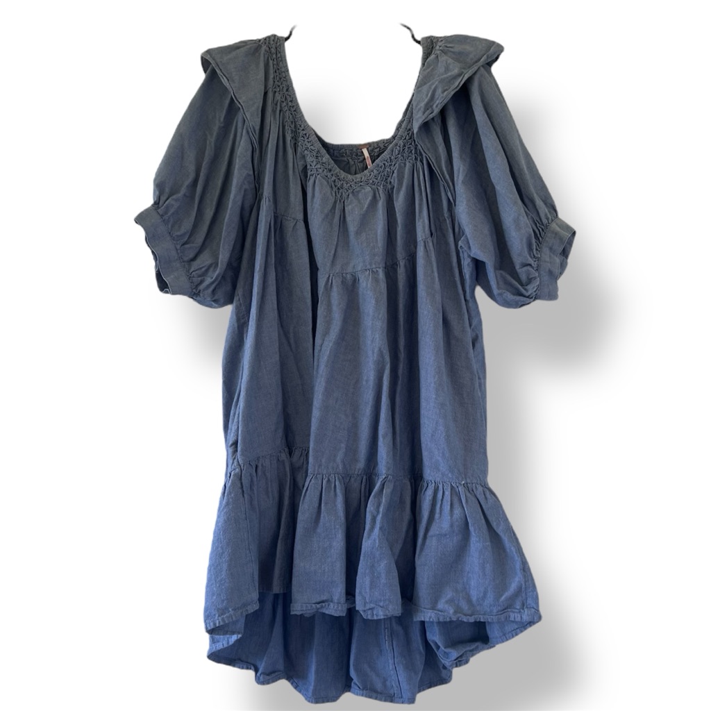 Free People Blue Cotton Smocked Peasant Prairie Dress Puff Sleeve L